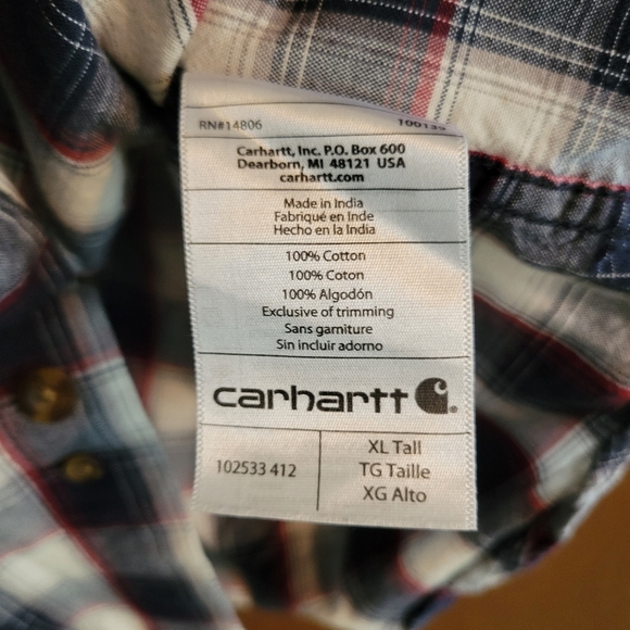 Carhartt Fort Plaid Shirt Mens XL Tall Button Down White Blue Short Sleeve - Picture 8 of 9